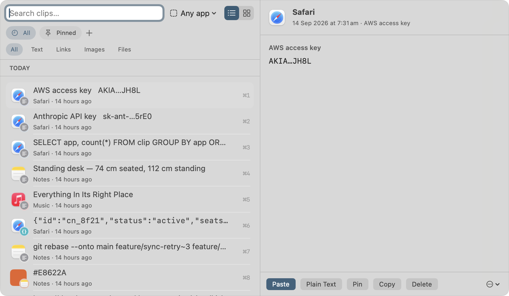 An AWS access key shown as AKIA…JH8L and an Anthropic API key as sk-ant-…5rE0, both labelled by type and masked, beside ordinary clips showing their full text.