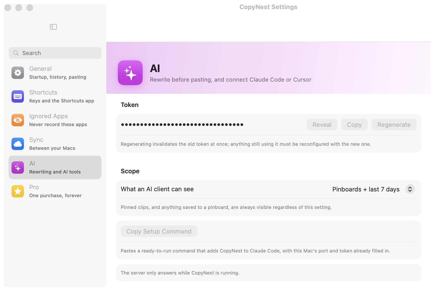 CopyNest's AI settings: a masked access token with Reveal, Copy and Regenerate buttons, a scope picker set to "Pinboards + last 7 days", and a Copy Setup Command button.