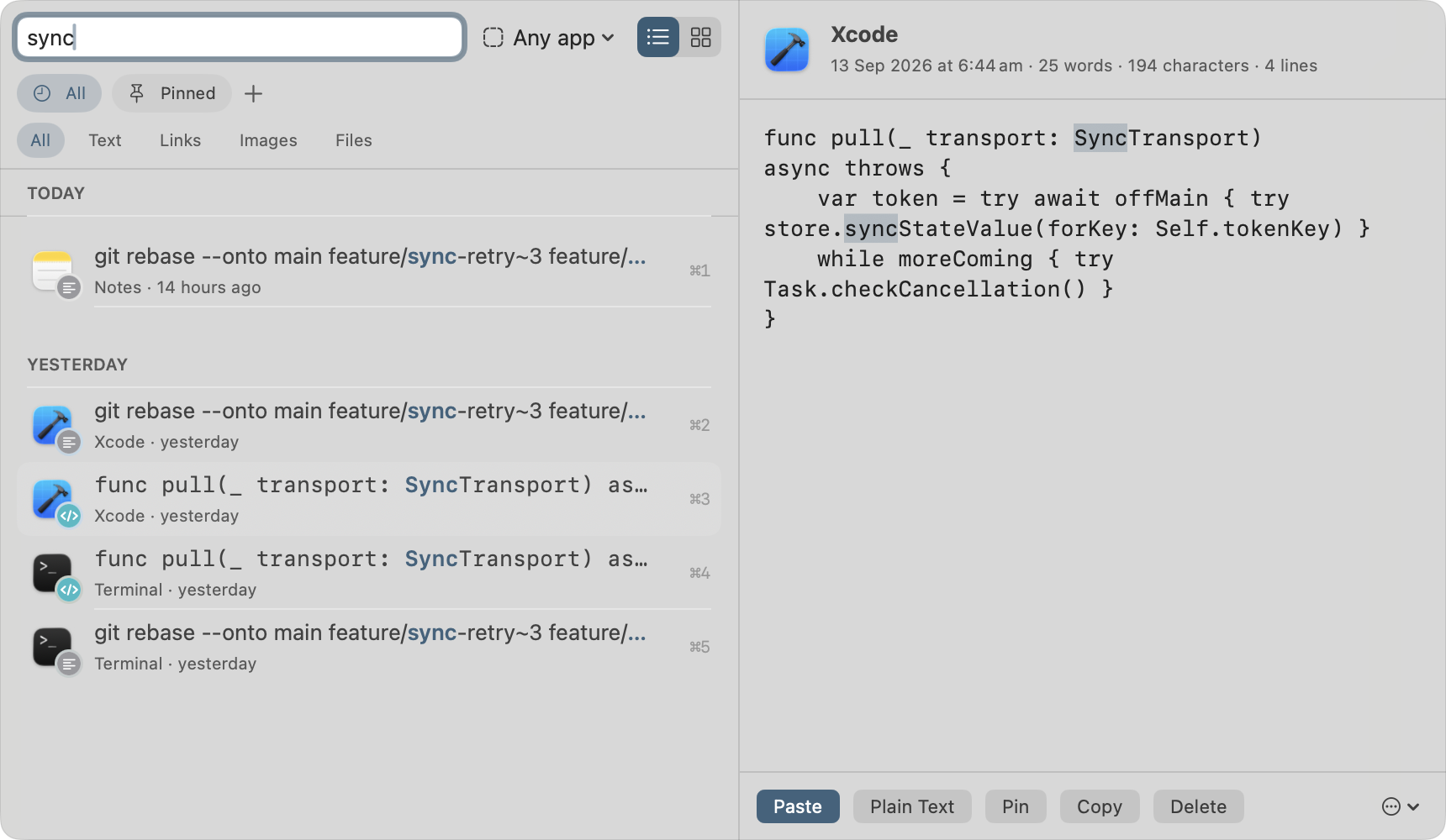 A search for "sync" in CopyNest, matching five clips from Notes, Xcode and Terminal with the word highlighted in each, grouped under Today and Yesterday, and the selected Xcode snippet shown in the preview pane.